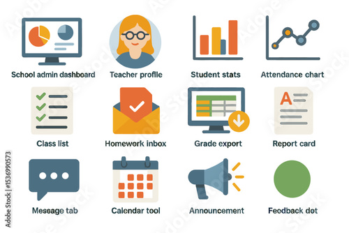 Education management icons: dashboard, teacher, stats, attendance, homework, grades