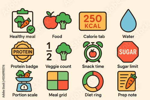Healthy meal planning icons: nutrition, vegetables, water, protein, and calorie management