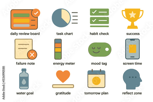 Colorful productivity icons for organization and motivation