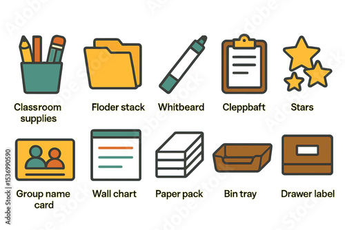 Colorful icon set: classroom supplies and office items on yellow background