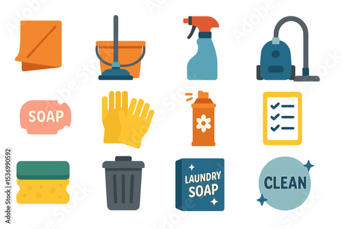 Colorful set of cleaning supplies and tools icons on gradient background