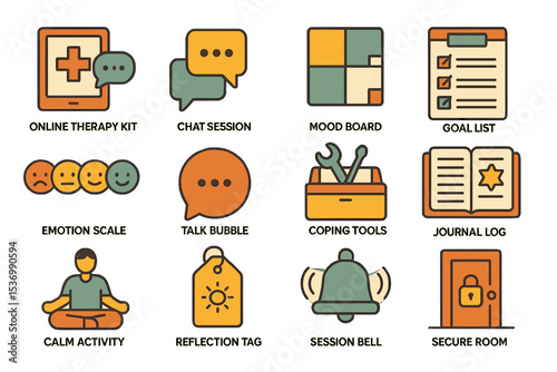 Online therapy tools and resources icon collection on orange background