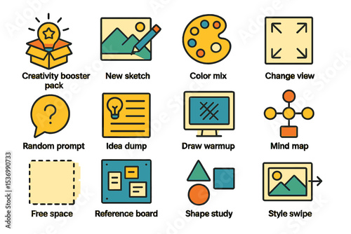 Creativity tools and icons for artistic inspiration and idea development