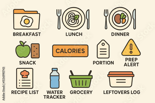 Meal planning icons: breakfast, lunch, dinner, snack, calories, portion, prep, recipe, grocery