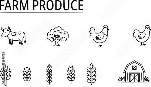 Farm Produce Vector Icon Set | Adjustable Line Weight | Fruits, vegetables, livestock, poultry, organic food, harvest, healthy eating, agriculture, fresh ingredients, orchard, farm animals icons