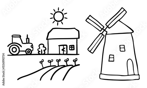 Vector Farm Scene with Tractor House and Windmill