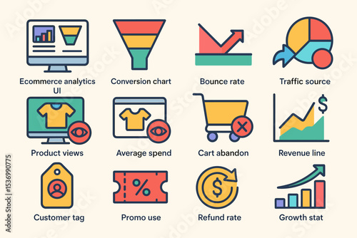 Ecommerce analytics icons featuring charts, cart abandonment, and revenue growth