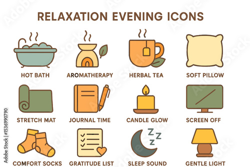 Relaxation icons for a calming evening routine