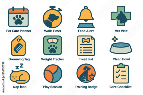 Pet care icons: planner, timer, alert, vet, grooming, tracker, treats, bowl, nap, play, training, checklist