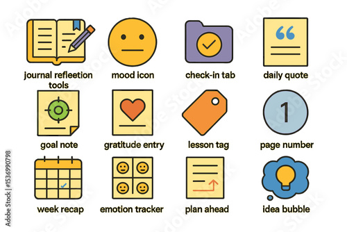 Journal reflection tools and icons for gratitude, planning, and tracking
