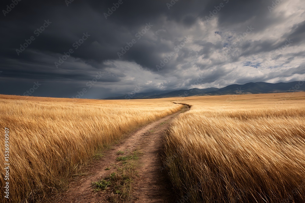 Fototapeta premium Dirt Path Through Golden Wheat Field Under Dramatic Sky Landscape Photography