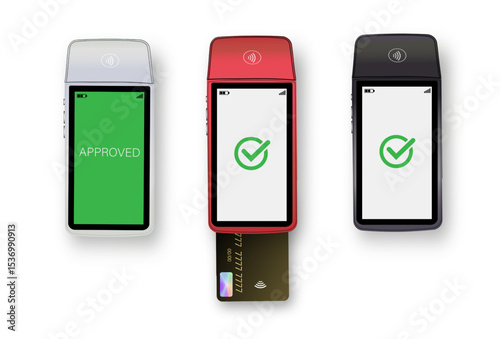 Vector 3D Realistic NFC Payment Terminal. Credit Card. Payment Machine. Template for Bank Payment Contactless Terminal. POS Terminal.