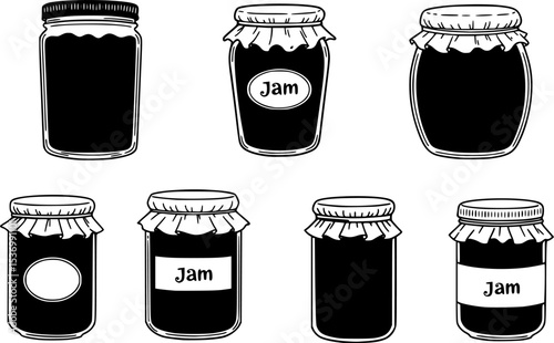Glass jar icon set. Food storage container symbol. Honey, yogurt, jam, pickle and beans canning jars. Vector illustration.
