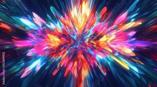 Geometric fractal explosion and vibrant gradients, digital abstract art rendered in 8K resolution, professional psychedelic background suitable for creative design, technology concepts