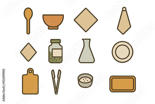 Kitchen utensils: spoon, plate, bowl, and more on brown background