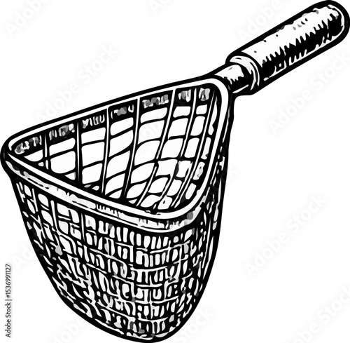 A classic, hand-drawn black and white illustration of a fishing net or landing net, perfect for various outdoor and aquatic themes