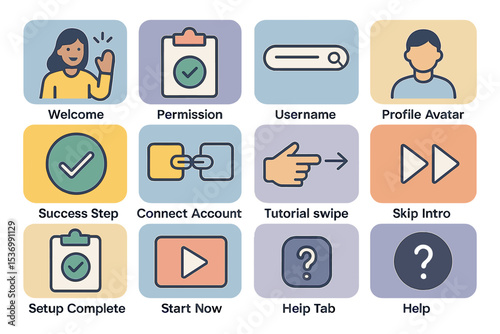 User interface icons for onboarding: welcome, profile, tutorial, and help