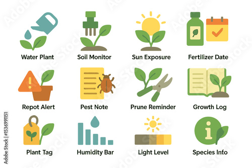 Garden management icons: plant care, soil, sunlight, and pest control guide