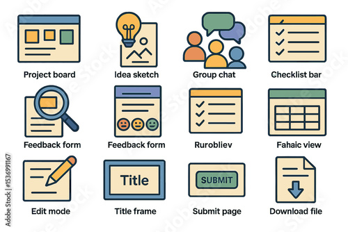 Colorful interface icons for project management and communication tools