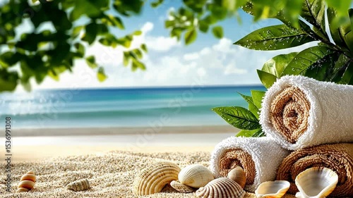 Serene beach scene with lush foliage and shells overlooking tranquil ocean waves