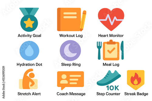 Fitness app icons: activity, heart, hydration, sleep, meal, steps, alerts