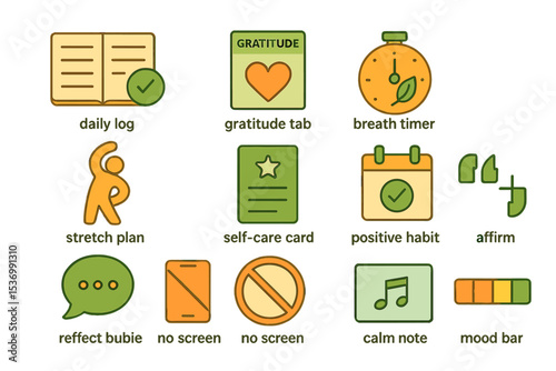 Self-care and wellness icons: gratitude, meditation, and healthy habits visual set