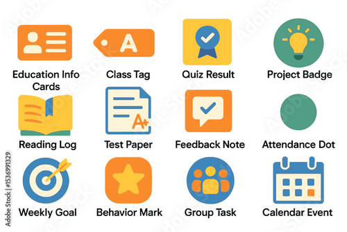 Colorful school activity icons for educational organization and tracking visual set