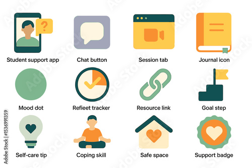 Student support app interface with icons for chat, journal, and goal tracking