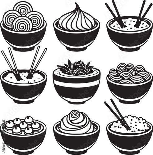 A collection of stylized illustrations depicting various types of noodles and pasta, some with ingredients or in bowls, presented with a clean and graphic aesthetic