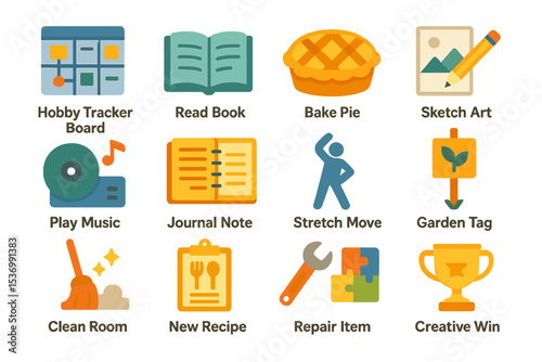 Colorful icons depicting hobbies and activities including reading, baking, and art