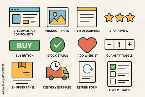 Ecommerce ui components including buy button, stock status, and delivery estimate icons