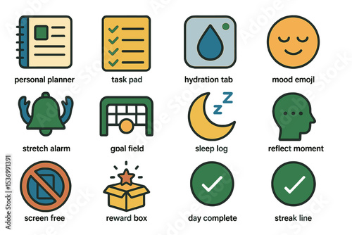 Productivity and wellness icons: planner, task, hydration, mood, alarm, goal, sleep, reflection