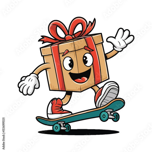 A cheerful cartoon gift box with a red ribbon and bow is happily skateboarding