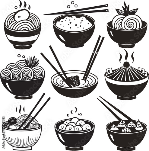 A collection of stylized illustrations depicting various types of noodles and pasta, some with ingredients or in bowls, presented with a clean and graphic aesthetic