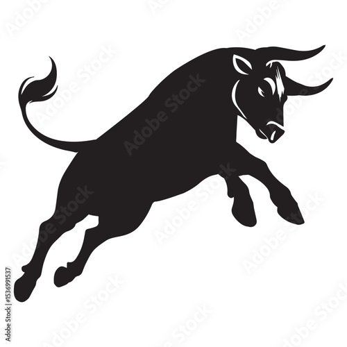 black Bull aggressive jump Silhouette Clipart, Longhorn Bull illustration vector, Domestic Animal Cute Bull Art design sublimation
