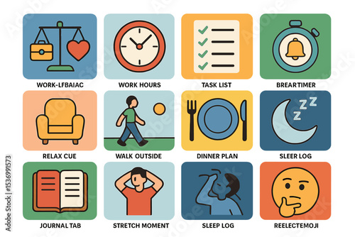 Daily routine icons: time management and relaxation tools for productivity