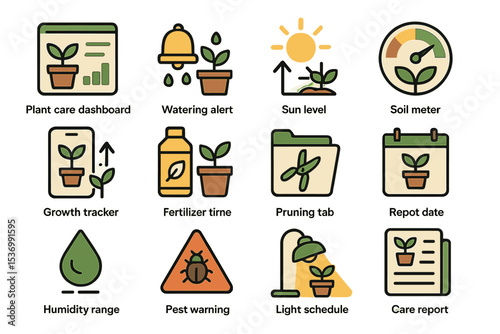 Smart plant care icons: watering, sunlight, soil, growth tracking, pest alerts