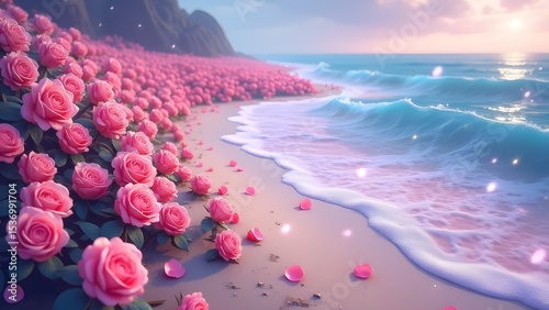 Beautiful landscape with beach and pink flowers