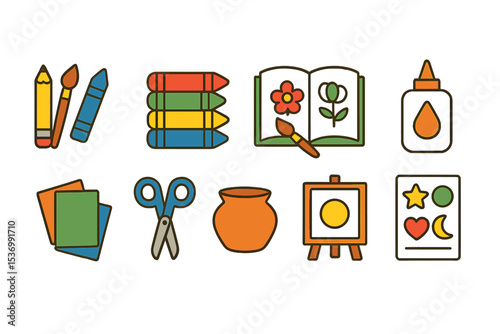 Colorful art supplies and craft tools for creative projects