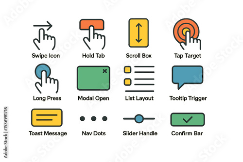 User interface gesture icons set displaying swipe tap scroll actions