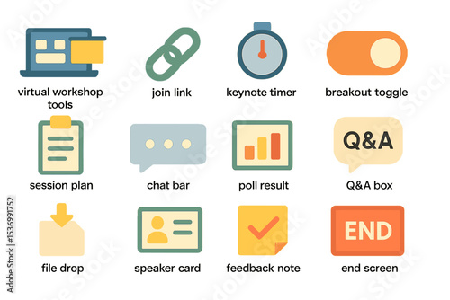 Virtual workshop tools icons for effective online meetings and presentations