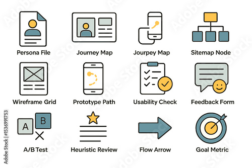 User experience design icons: persona, journey, usability, metrics