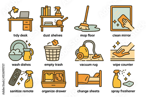 Illustrated icons depicting various housekeeping tasks on yellow background