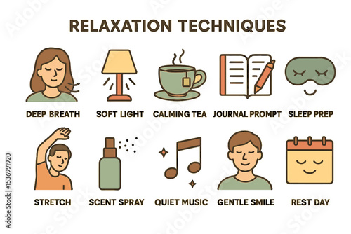 Relaxation techniques: deep breath, calming tea, soft light, journal prompt, sleep prep