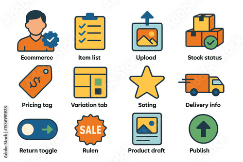 Ecommerce icon set featuring various online shopping and management elements