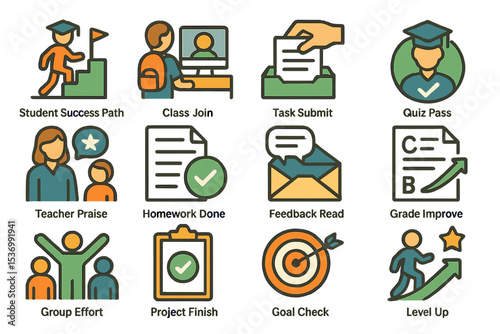 Student achievement icons: tasks, quizzes, homework, feedback, goals