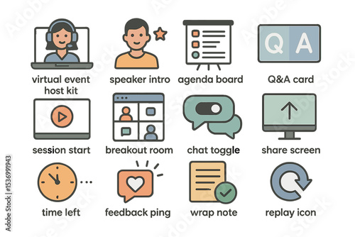 Virtual event icons: speaker, agenda, q&a, chat, screen share, feedback
