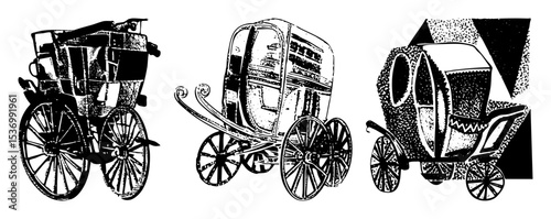 Vector Vintage carriages set showcases historical transportation.