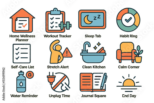 Home wellness icons for self-care and daily routine management