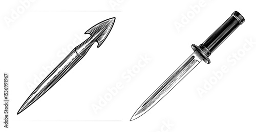 Vector Two vintage pointed blade weapons a stiletto and a slender dagger are illustrated in a detailed engraving style.